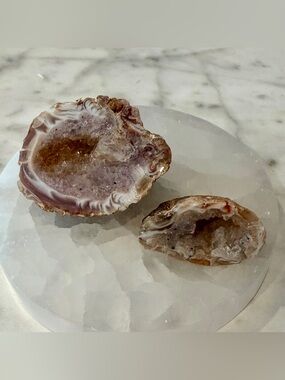 Pair of Polished Agate Druzy Geode Bowls - Neutral Brown & White
